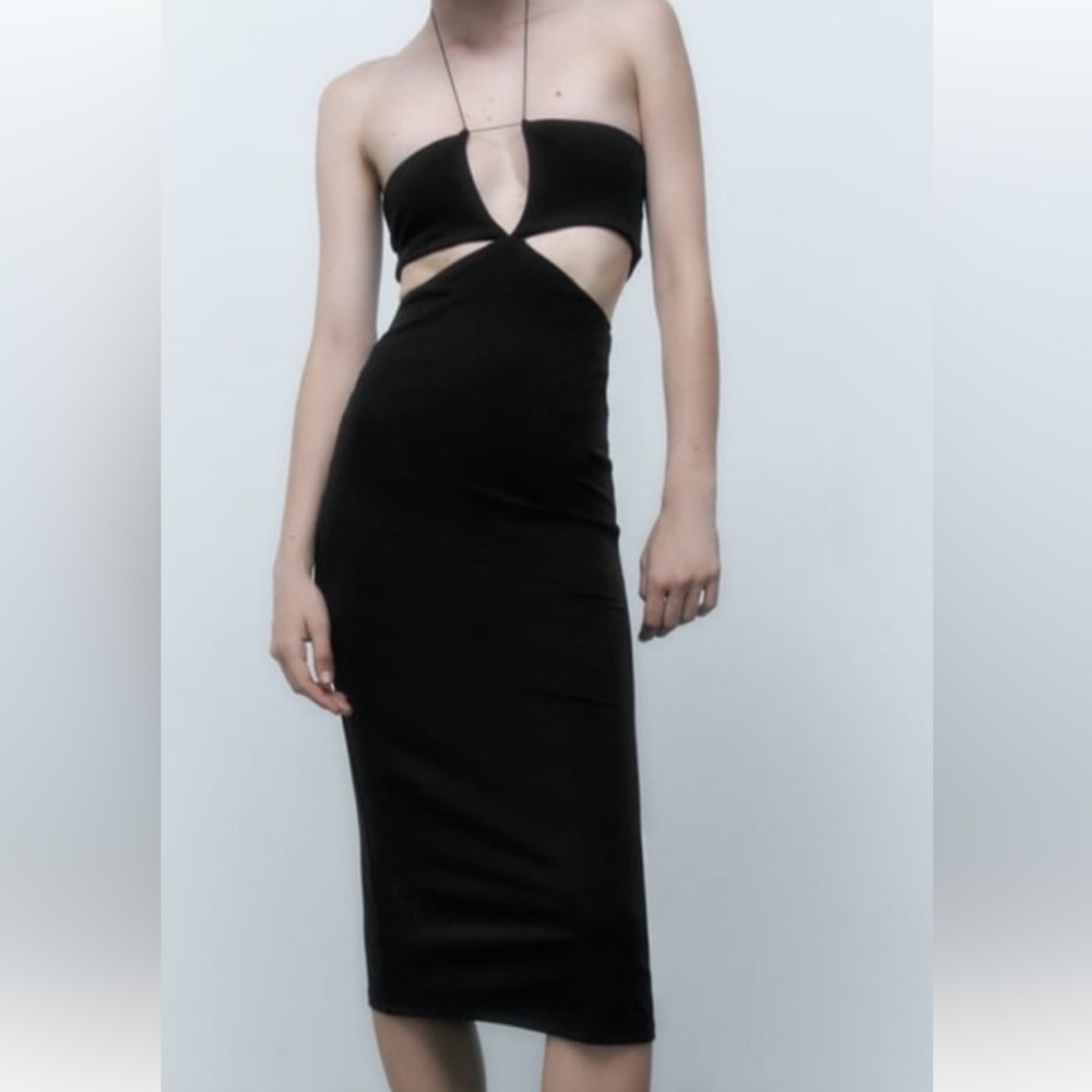 Zara Black Cutout Halter Midi Dress - Picture 2 of 4